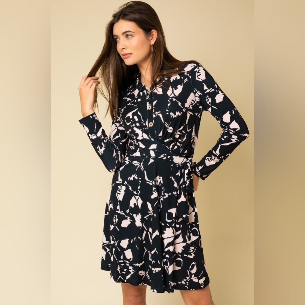 Gilli Faux Wrap Tie Waist Abstract Midi Dress Sz Large Button Career Swing Shift